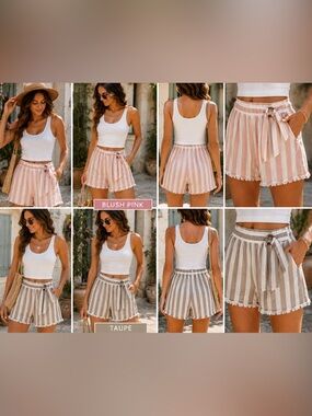 Umgee Striped Tie-Waist Bermuda Shorts - Bundle of 2-Blush Pink & Taupe